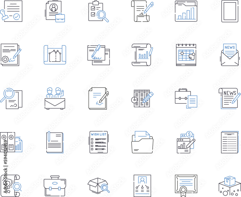 Office archives line icons collection. Filing, Records, Storage, Retrieval, Organization, Cataloging, Catalog vector and linear illustration. Indexing,Archiving,Management outline signs set