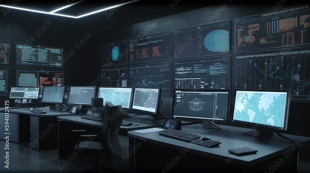 A dark room with a row of monitors and a large screen with the words space station on it. AI A dark room with a row of monitors and a large screen with the words space station on it. AI