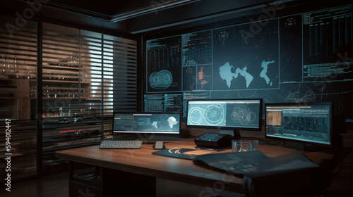 A dark room with a row of monitors and a large screen with the words space station on it. AI
