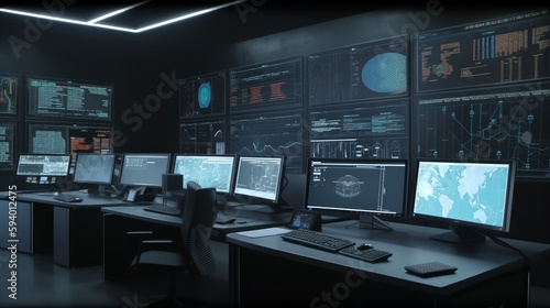 A dark room with a row of monitors and a large screen with the words space station on it. AI