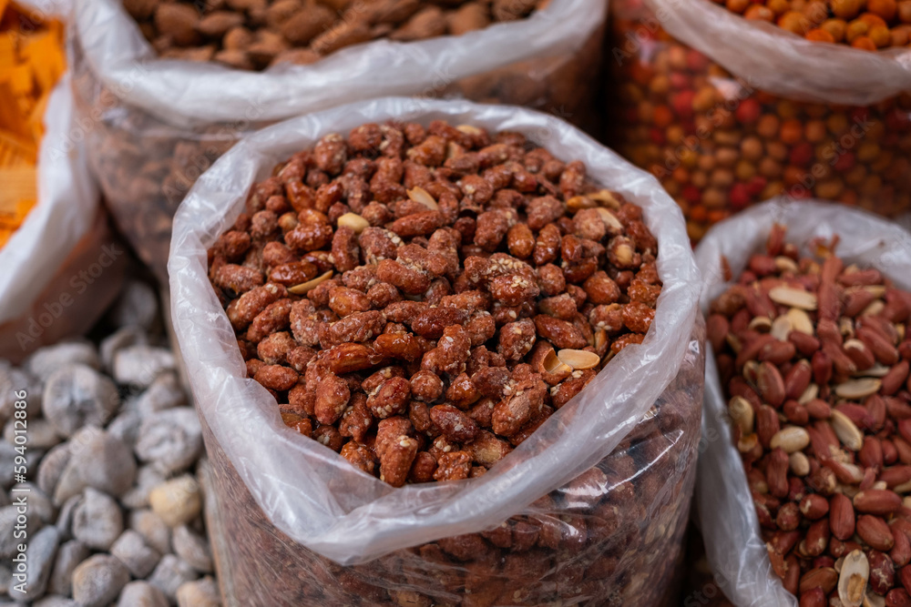 Peanut bag, peanuts for sale on snack market, Peanut bag, peanuts for sale on snack market,