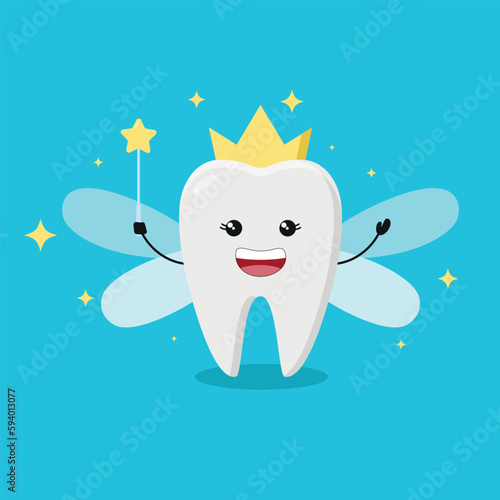 Tooth fairy wearing crown and holding a star magic wand. Cute greeting card for Tooth Fairy Day as funny smiling cartoon character with golden glitter crown, wings.