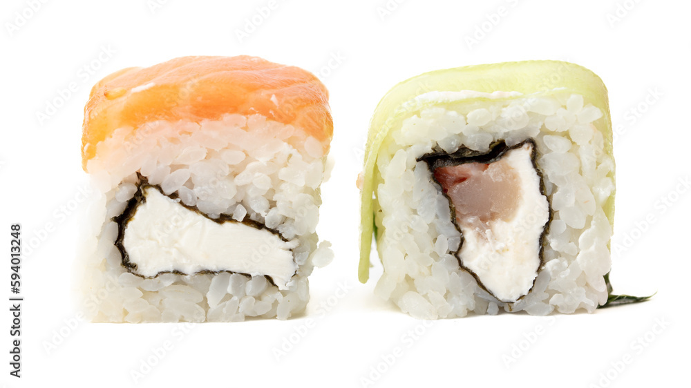 Sushi with fish and cucumber isolated on white background. Close-up Sushi with fish and cucumber isolated on white background. Close-up