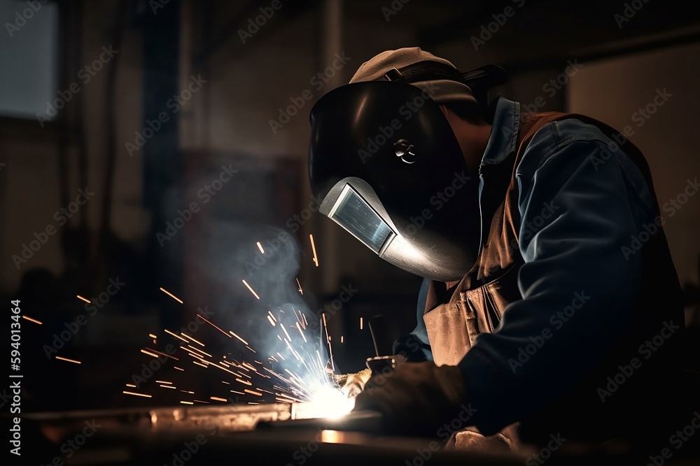 Ein Schweißer schweißt in einer Industriehalle, Schweißen von Metall Ein Schweißer schweißt in einer Industriehalle, Schweißen von Metall