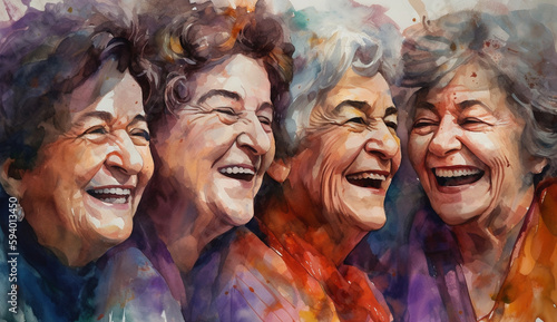 笑顔で笑う複数のシニア女性の水彩画,Generative AI
