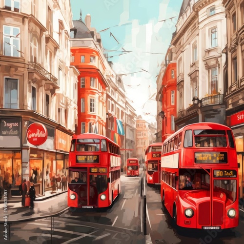 A London painting of double decker buses on a city street © ArquitecAi