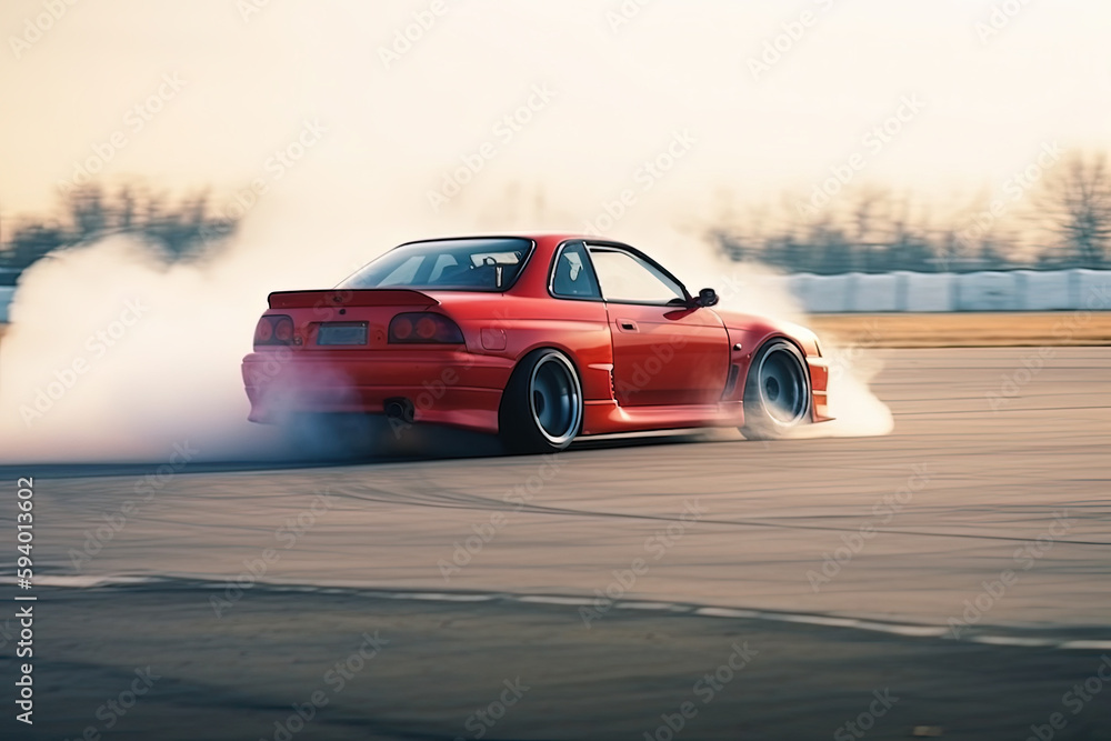 Car drifting, Blurred image diffusion race drift car with lots of smoke from burning tires on speed track. Digital art