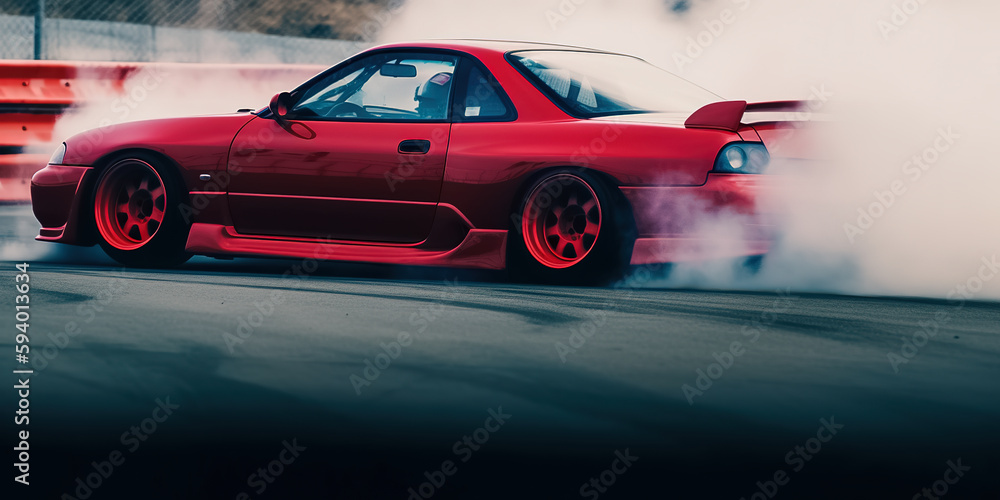 Fototapeta premium Car drifting, Blurred image diffusion race drift car with lots of smoke from burning tires on speed track. Digital art