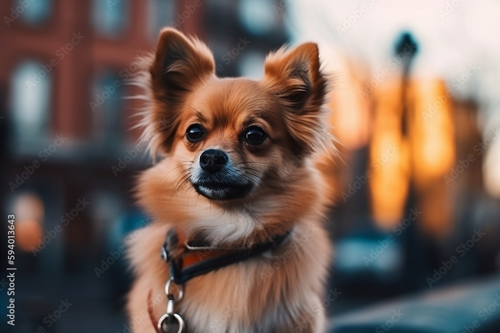 Porträt eines Hundes in der Stadt, Braunes Fell, süß, Generative AI