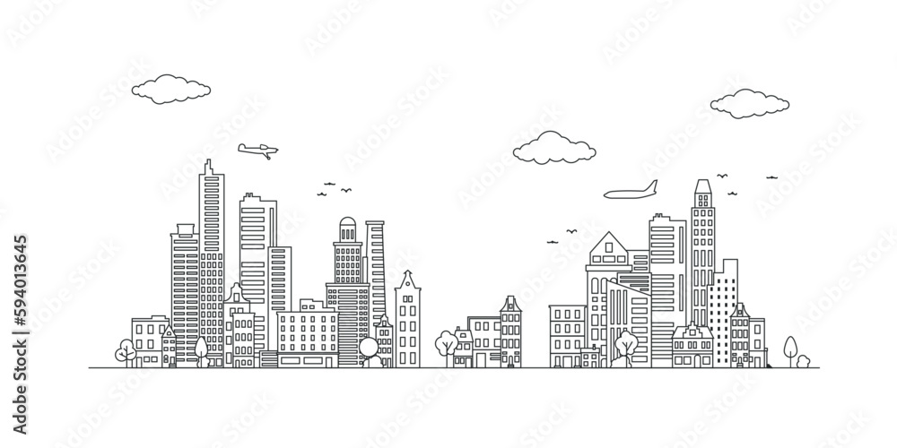  Line Art Vector Illustration of Modern Big City Background