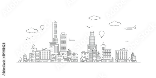  Line Art Vector Illustration of Modern Big City Background