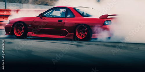 Car drifting, Blurred image diffusion race drift car with lots of smoke from burning tires on speed track. Digital art