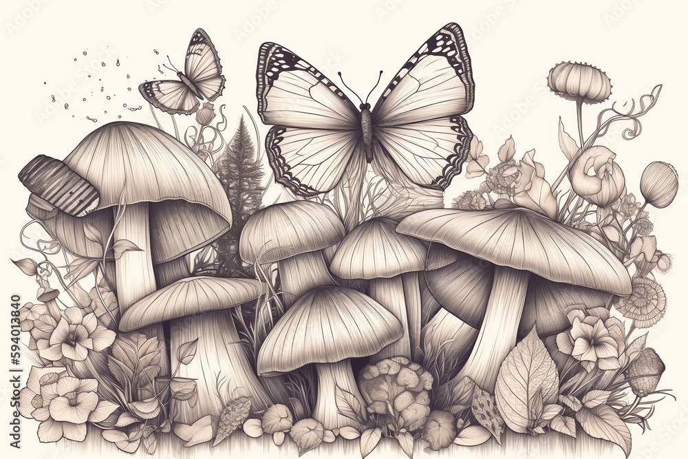 Line art sketch of mushrooms and butterfly with white background