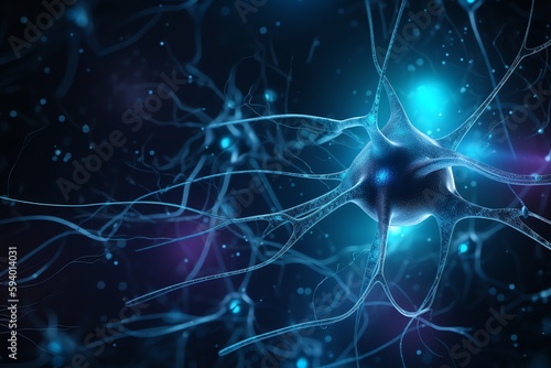 Blue nerve cell banner for brain biology. Generative AI © Pixel Matrix