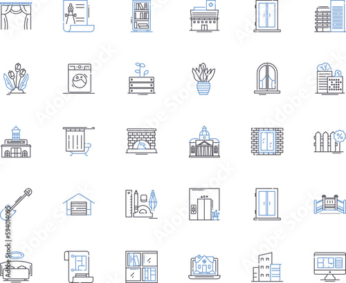 Furnishing firm line icons collection. Elegance, Quality, Comfort, Durability, Style, Innovation, Functionality vector and linear illustration. Craftsmanship,Sophistication,Design outline signs set