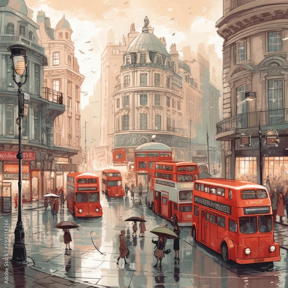 A London painting of double decker buses on a city street - obrazy, fototapety, plakaty 