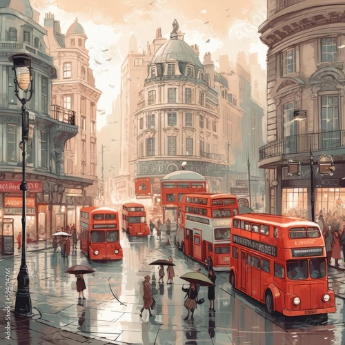 A London painting of double decker buses on a city street photo