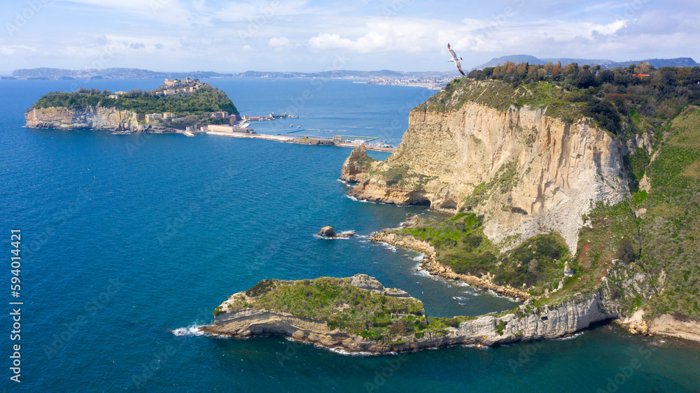 Aerial view of the island of Nisida and Cape Posillipo which are located in Naples, Italy. Nisida is a volcanic islet of the Flegrean Islands archipelago. In the foreground a flying seagull.