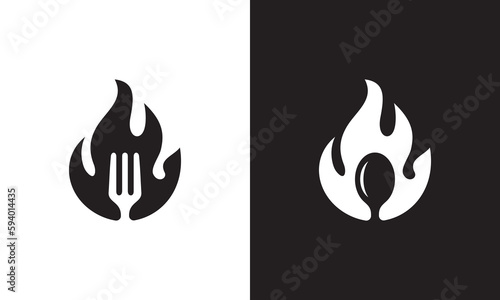 fire and cutlery logo combination. hot bbq restaurant food icon vector concept.