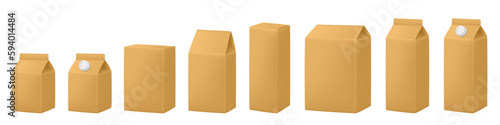 Gold boxes for dairy products. Blank cardboard package boxes mockup. Box set. Set of juice or milk cardboard package. Vector mockup set. Realistic carton package with cap.
