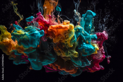 Colorful paints of different shades mixed in water. Beautiful waves of multi-colored paints. scattered drops and splashes in different directions. Background to insert into the project. Generative AI.