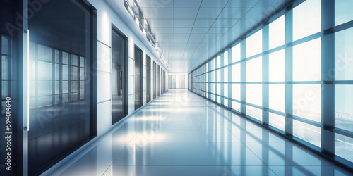 an empty hallway filled with white walls and glass panels,