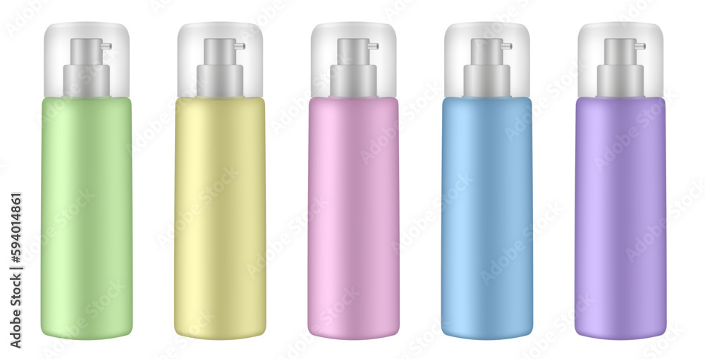 Set of cosmetic bottles with pump. Dispenser. Purple, yellow, green, blue and pink containers. Serum or facial cream. Set of cosmetic bottles with pump. Dispenser. Purple, yellow, green, blue and pink containers. Serum or facial cream.