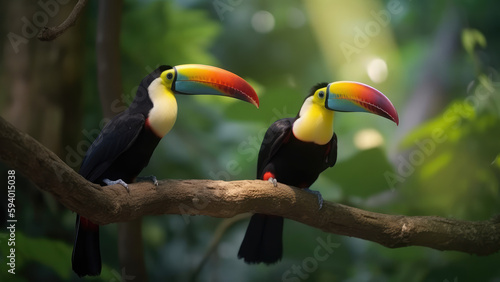 Two toucan tropical bird sitting on a tree branch in natural wildlife environment in rainforest jungle. Generative AI 