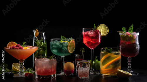 Set of multicolored summer drinks lemonade or cocktail with iced. Generative Ai