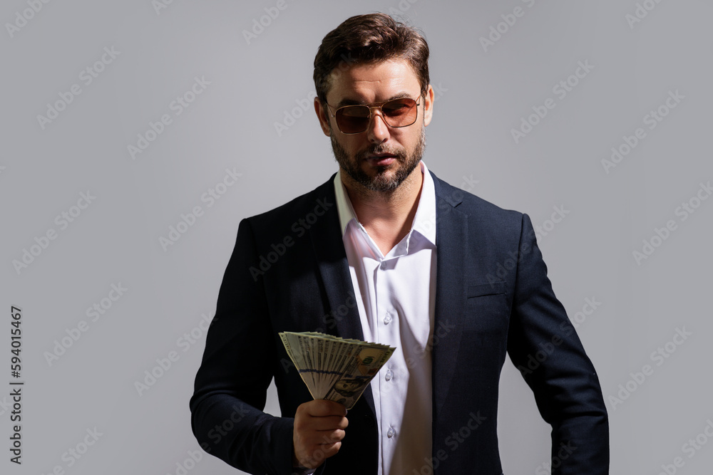 Business man with cash money dollars banknotes. Business man with cash money dollars banknotes.