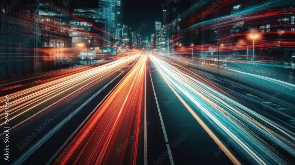 Illustration showing hyperloop speed warp with smeared lights from a megacity at night. Generative AI Illustration showing hyperloop speed warp with smeared lights from a megacity at night. Generative AI