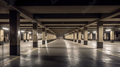 Empty shopping mall underground parking lot or garage interior with concrete stripe painted columns. generative ai