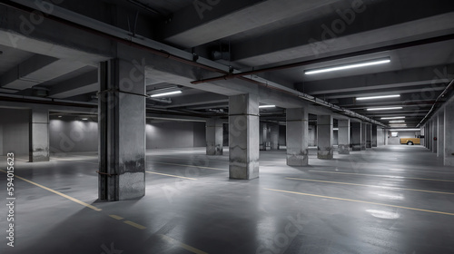 Empty shopping mall underground parking lot or garage interior with concrete stripe painted columns. generative ai