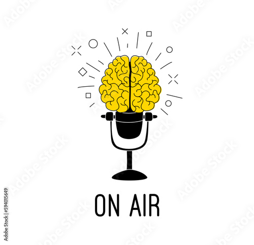 Logo podcast radio broadcast. Brain with mic play button background.