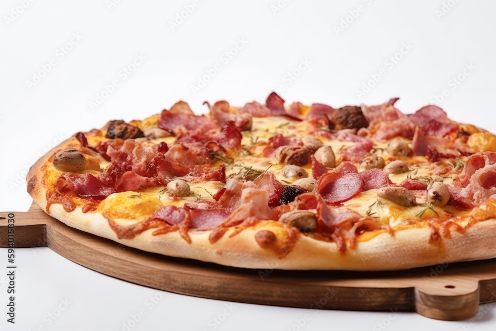 Pizza on a white background. It has many different ingredients. Copy space. Generative AI. Pizza on a white background. It has many different ingredients. Copy space. Generative AI.