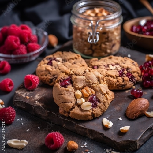 Delicious homemade cookies with raspberries nuts and peanut butter. Generative ai