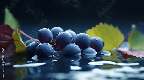 Fresh blue grape with leaves was placed in the middle of the water  generative ai