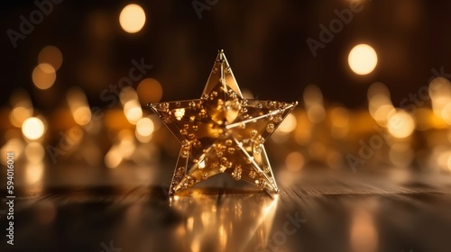 A star shaped Christmas ornament suspended on a branch with bokeh of light strands. Generative AI