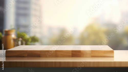 Wooden texture table top on blurred kitchen window background. For product display or design key visual layout. For showcase or montage your items (or foods). Product display mock up. Generative AI © ribelco