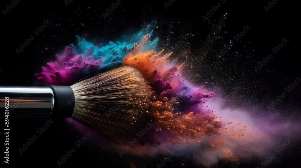 Fototapeta premium Cosmetic brush in cloud of powder on dark background. Generative AI