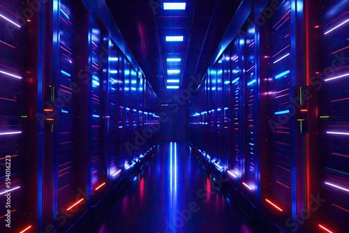 Server racks in computer network security server room data center., generative ai