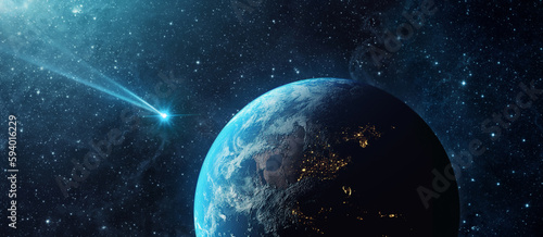 Fototapeta Naklejka Na Ścianę i Meble -  Comet, asteroid, meteorite flying to the planet Earth.  Glowing asteroid and tail of a falling comet threatening the safety of the Earth.  Elements of this image furnished by NASA.