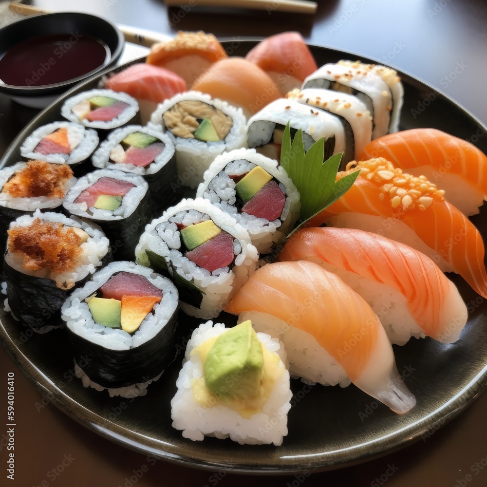 Sushi on a plate. Generative ai Sushi on a plate. Generative ai