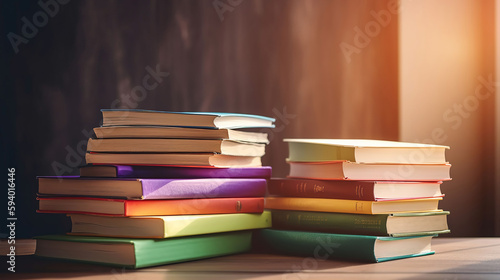 Stack of books in the colored cover lay and open book whith old pages on the wooden table and blue backround. Education learning concept, generative ai