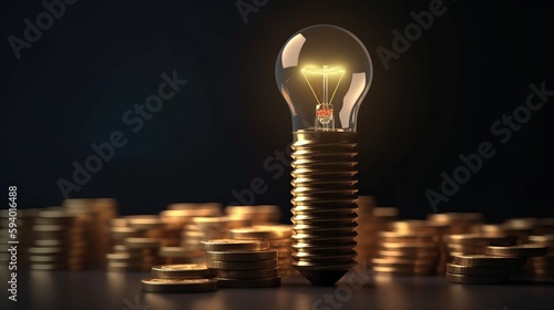 Rising energy cost concept. Light bulb on top of a stack of gold coins. Generative AI