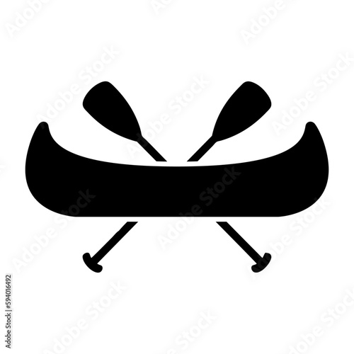 Icono canoa. Logo aislado con silueta lineal de remo cruzado sobre kayak o canoa