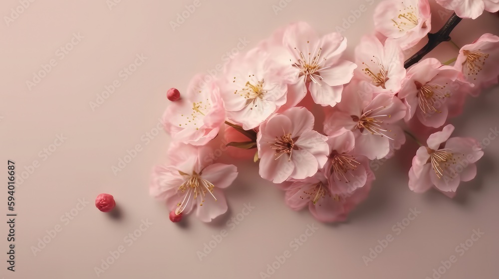 Spring cherry blossom flat lay design with blank copy space. Generative ai