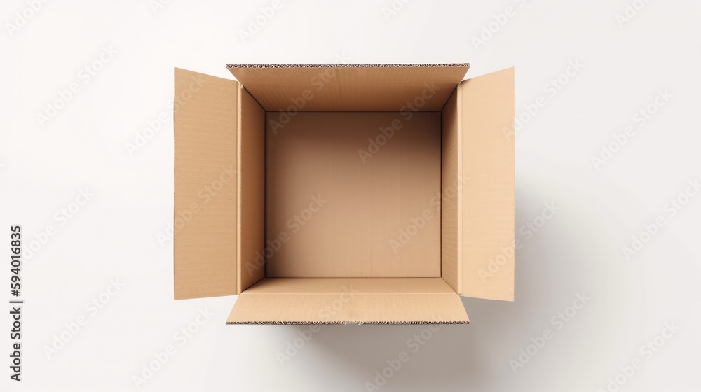 Top view open cardboard box on white background. Generative AI Top view open cardboard box on white background. Generative AI