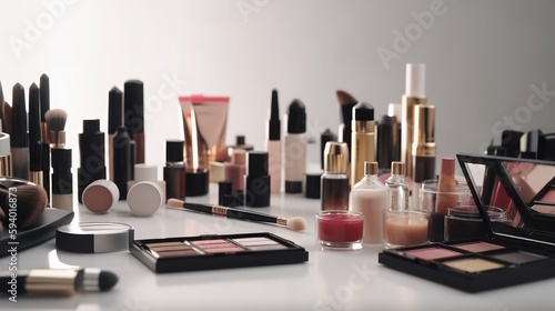 Tela Various makeup professional cosmetics on white table
