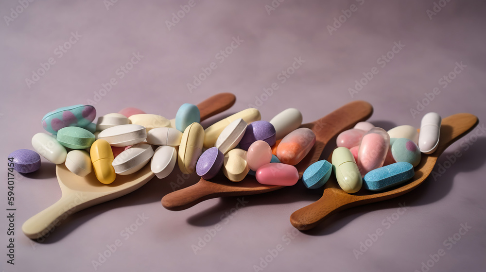 Assorted pharmaceutical medicine pills, tablets and capsules on wooden spoon pastel background, generative ai
